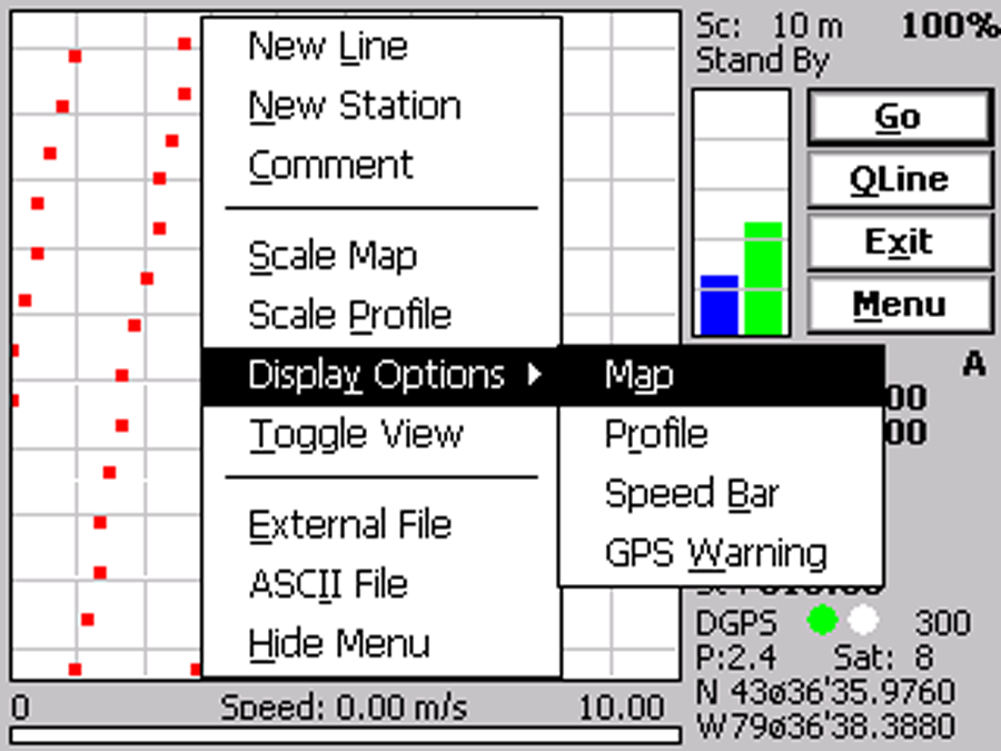 Nav601 standby menu interface on a Windows Mobile handheld field computer in landscape orientation, displaying navigation and data acquisition options for real-time geophysical survey control and GPS monitoring